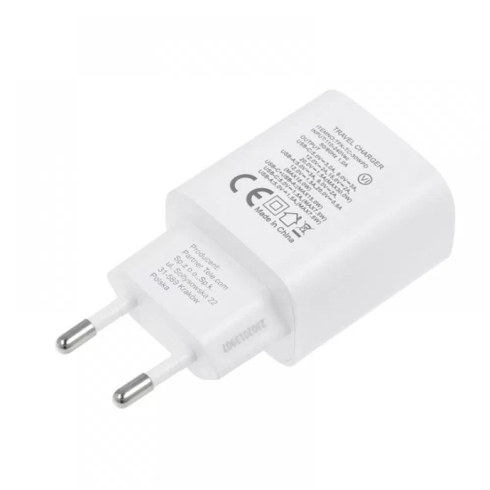 Kucni punjac (adapter) FORCELL TFK-TC-30WPD USB-A USB-C 30W 4.0 beli