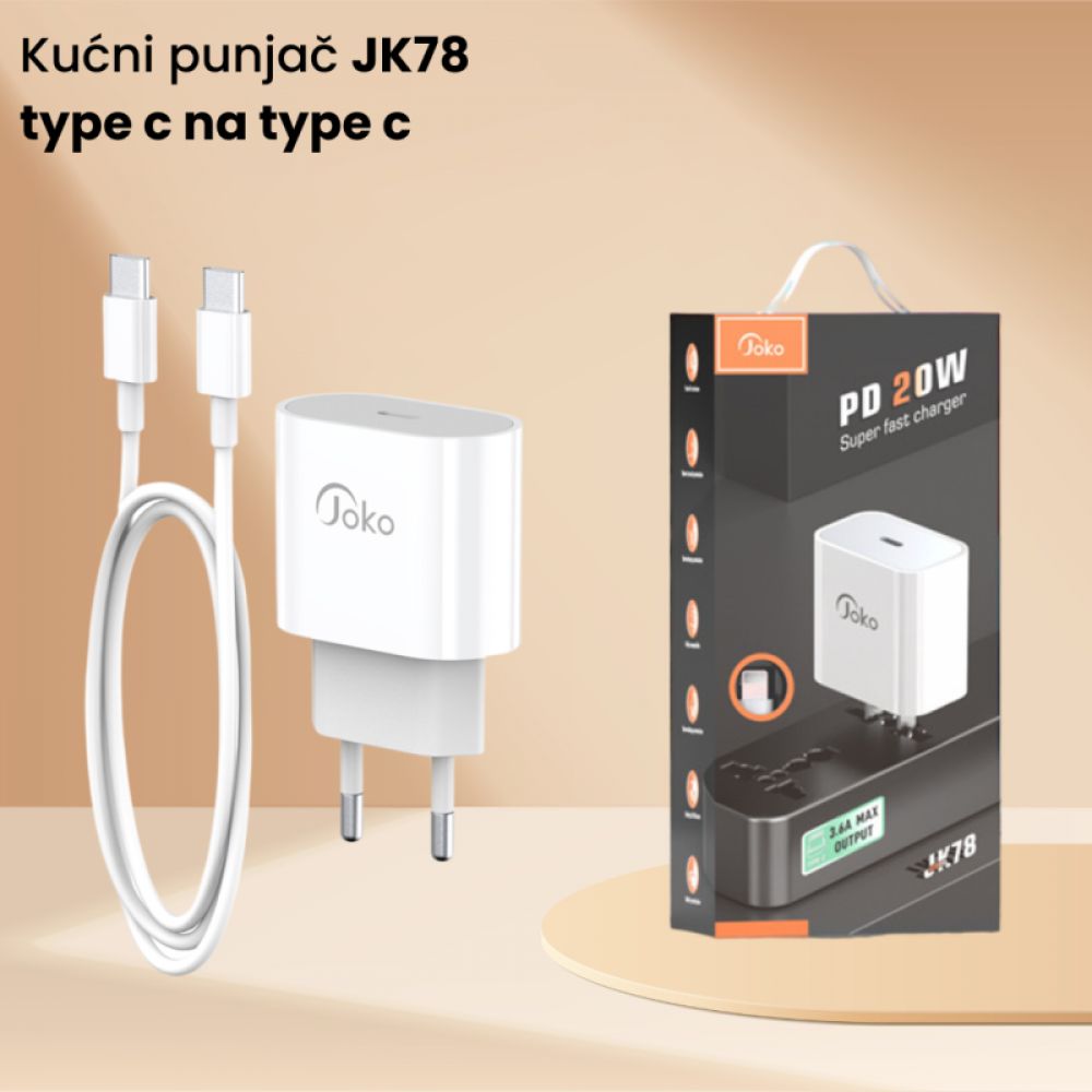 Kucni punjac KONFULON JOKO JK78+PX-12 PD20W SUPER FAST CHARGE type-c na type-c beli