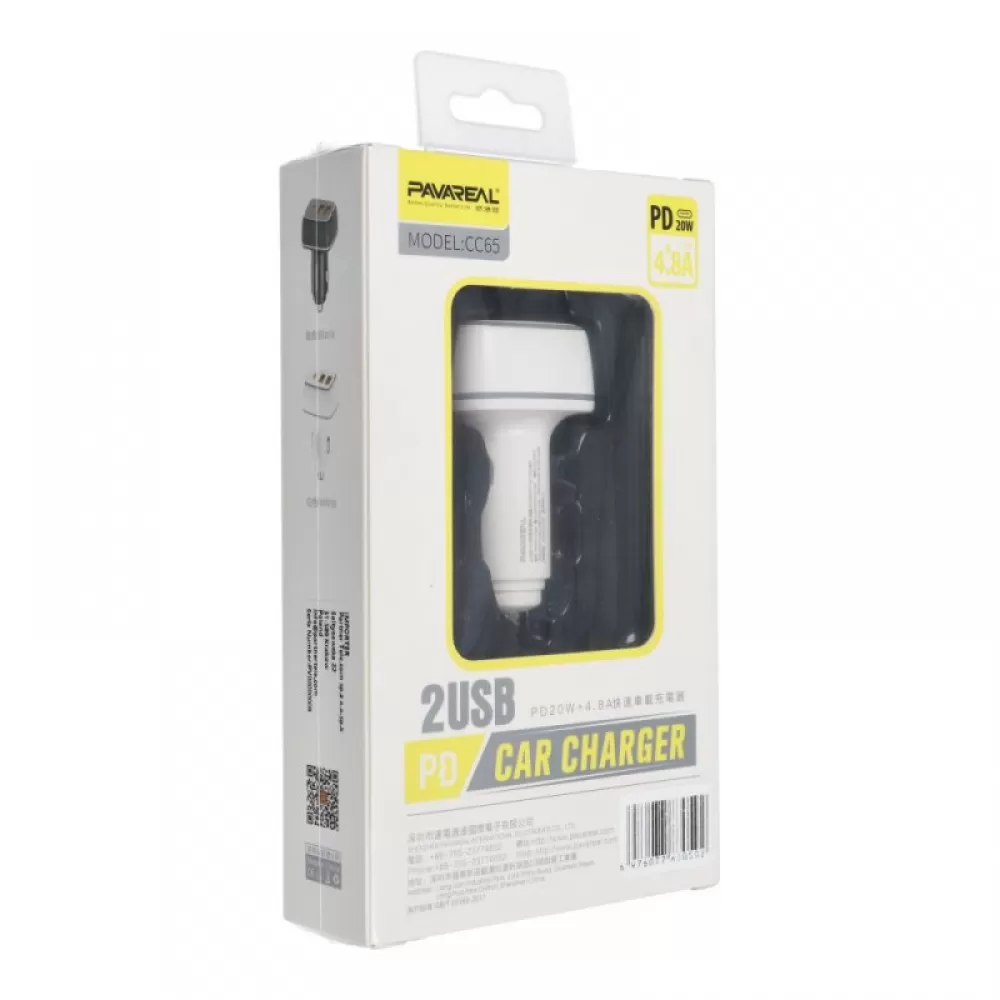 Auto punjac PAVAREAL PA-CC65 Type C PD20W + 2xUSB 4.8A beli