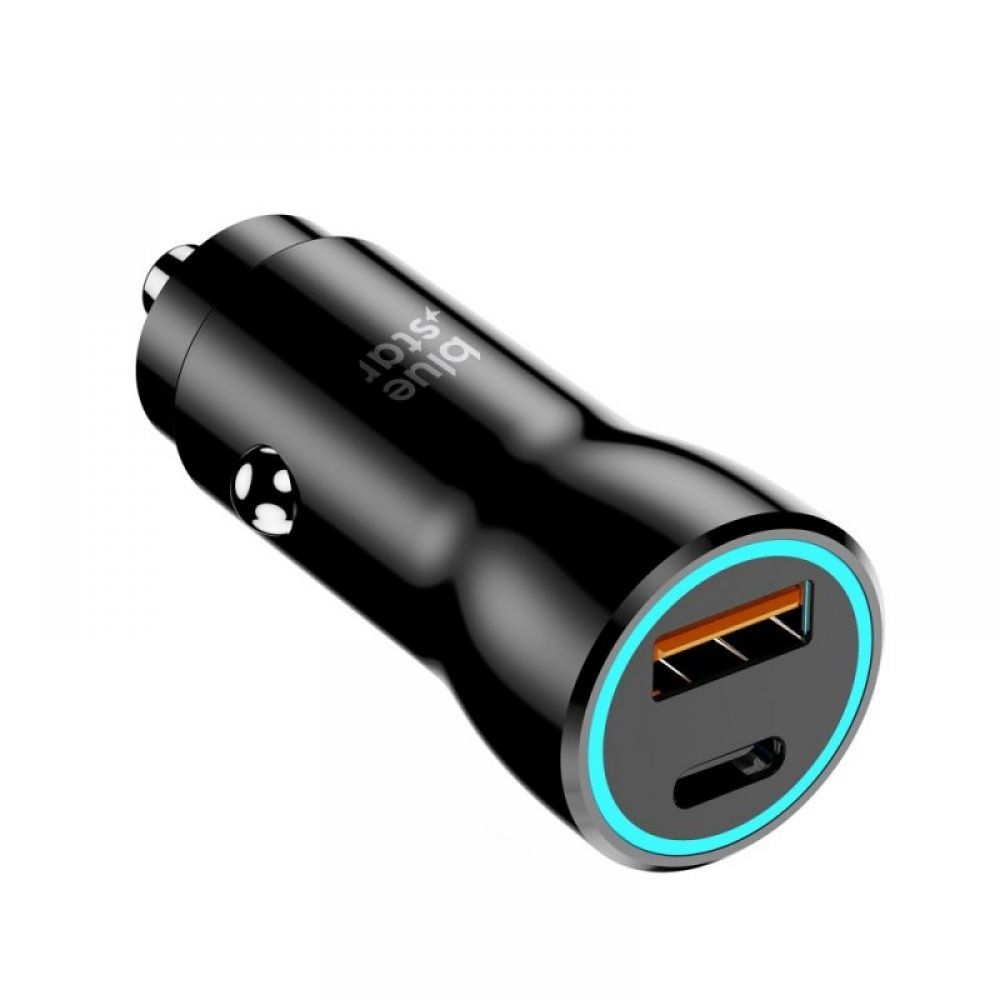 Auto punjac Blue Star 25W (PD, QC 3.0, AFC, PPS) + USB-A i USB-C port crni