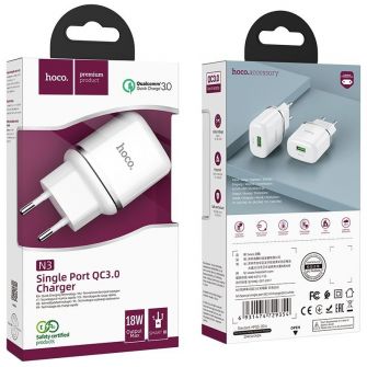 Adapter (Kucni punjac) HOCO. N3 USB 3A QC3.0 fast beli 18W