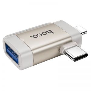 HOCO adapter OTG 2in1 UA31F Type C (muski) / Lightning (muski) na USB A (zenski) sivi