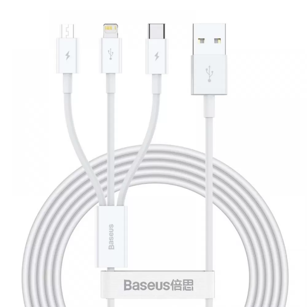 USB kabal 3in1 Baseus Superior USB na Lightning + USB-C + microUSB 1,5 m 3,5A beli