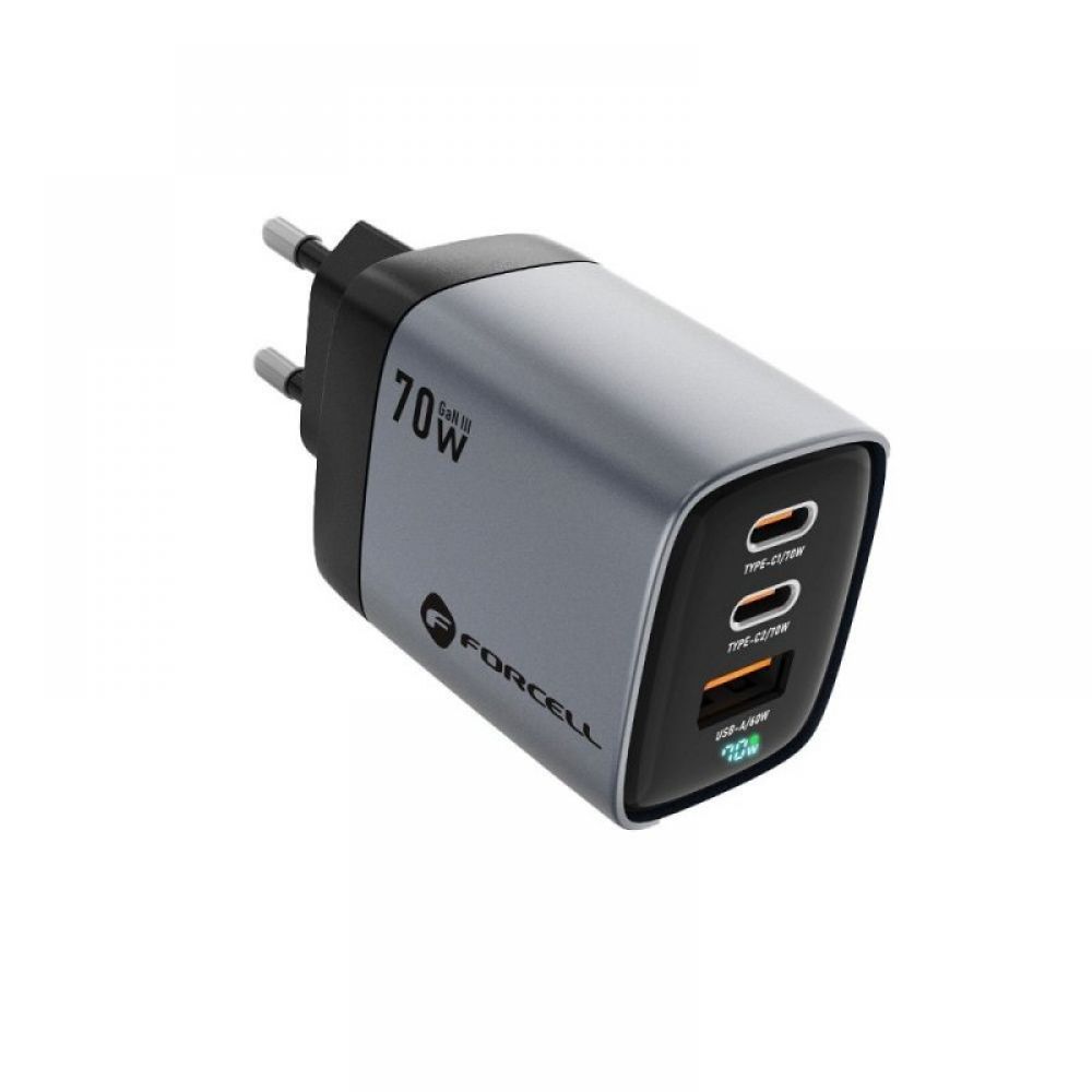 Kucni punjac (adapter) FORCELL F-Energy GaN III VT-37 sa LCD  2 x Type C + USB A PD QC4.0 SAM SFC2.0 3,45A 70W sivi