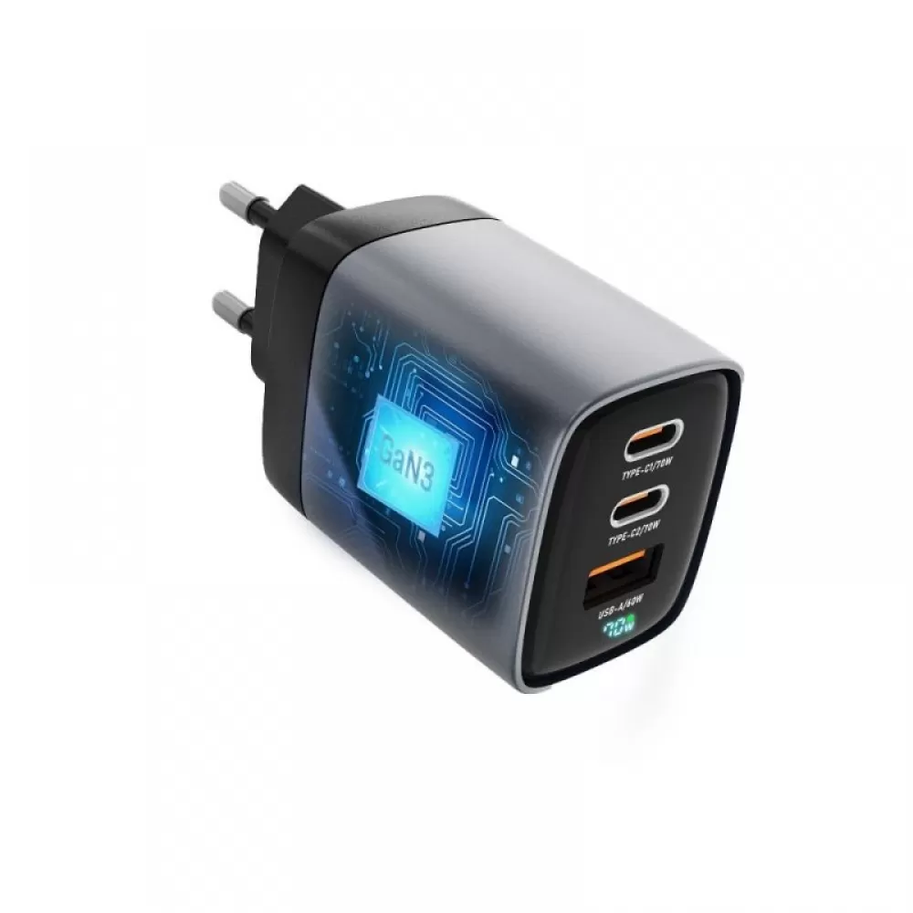 Kucni punjac (adapter) FORCELL F-Energy GaN III VT-37 sa LCD  2 x Type C + USB A PD QC4.0 SAM SFC2.0 3,45A 70W sivi