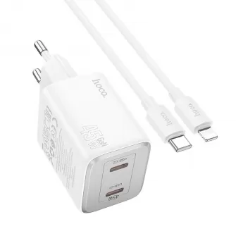 Adapter (Kucni punjac) HOCO. N42 2 x Type C + kabl Type C na Lightning PD QC 45W GaN beli