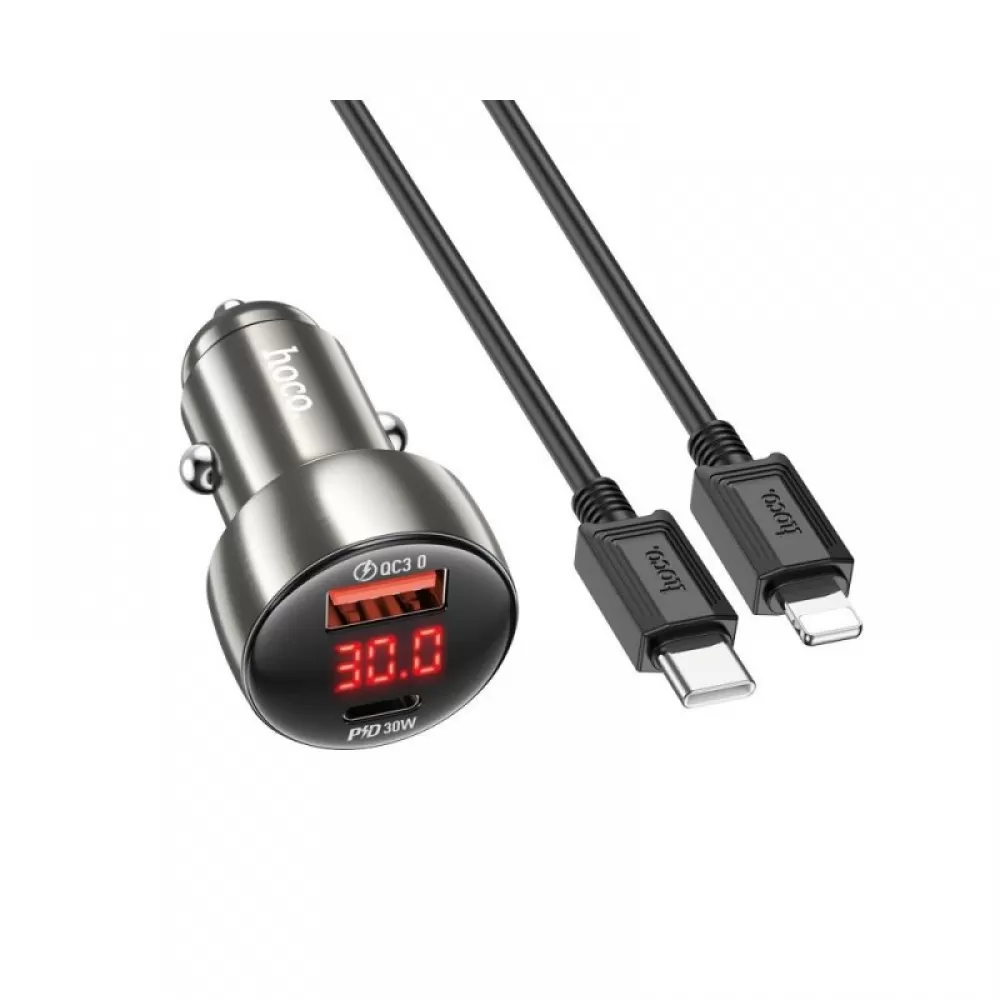 HOCO auto punjac USB A + Type C sa digitalnim displejem + kabl Type C na Lightning PD QC3.0 3A 48W Z50 metalik sivi