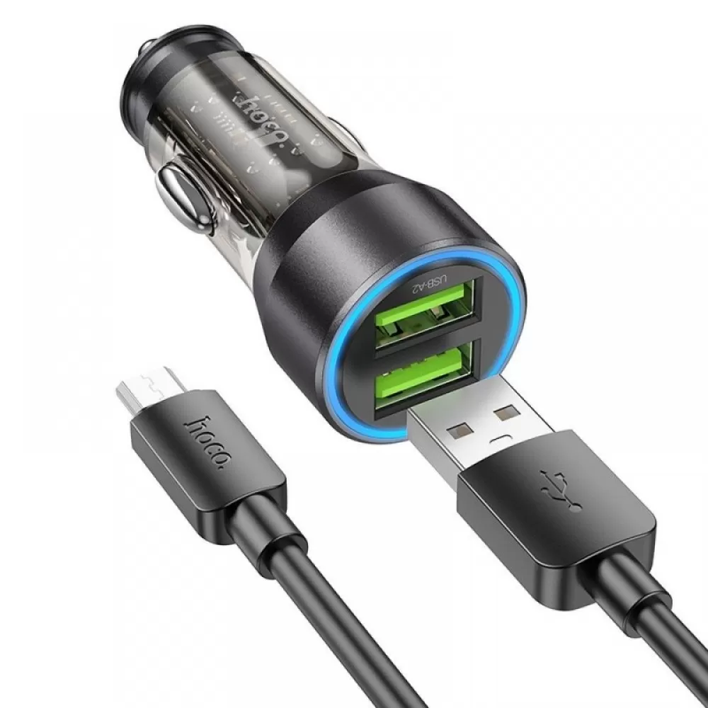 HOCO auto punjac 2 x USB A + kabl USB A na Micro USB QC3.0 3A 36W NZ12 providno crni