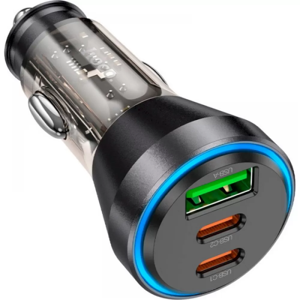 HOCO auto punjac USB A + 2 x Type C PD QC3.0 3A 60W NZ12D + kabl Type C na Lightning providno crni