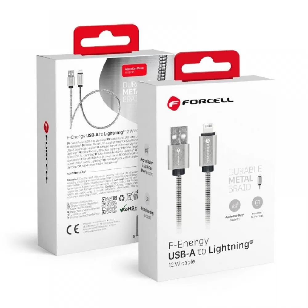 FORCELL kabal (kabl) F-ENERGY Metal C236 USB A na Lightning 2.4A 12W 1m srebrni