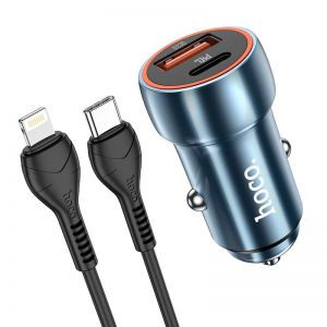 HOCO auto punjac USB A + Type C + kabl Type C na Lightning PD QC3.0 3A 20W Z46A plavi