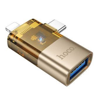 HOCO adapter OTG 2u1 Lightning (muski) / Type C (muski) na USB A (zenski) UA36E zlatni