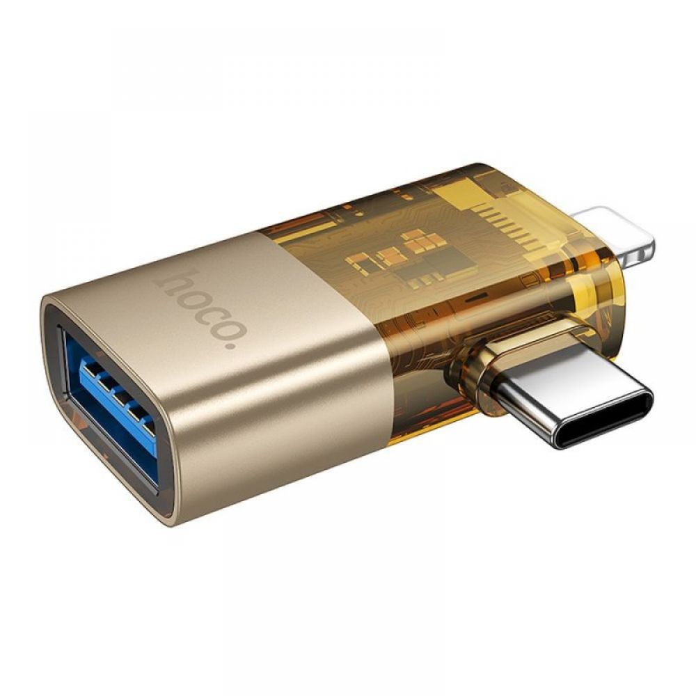 HOCO adapter OTG 2u1 Lightning (muski) / Type C (muski) na USB A (zenski) UA36E zlatni