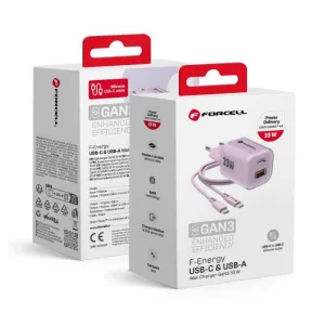 Kucni punjac FORCELL F-ENERGY Crystal Color GaN III VT-41 sa silikonskim kablom sa 1 x Type C + 1x USB A utičnicama. PD QC4.0 33W ljubičasti