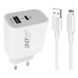 Kucni punjac KONFULON C89Q + DL48 FAST CHARGE USB 22.5W + PD 30W USB na Lightning beli